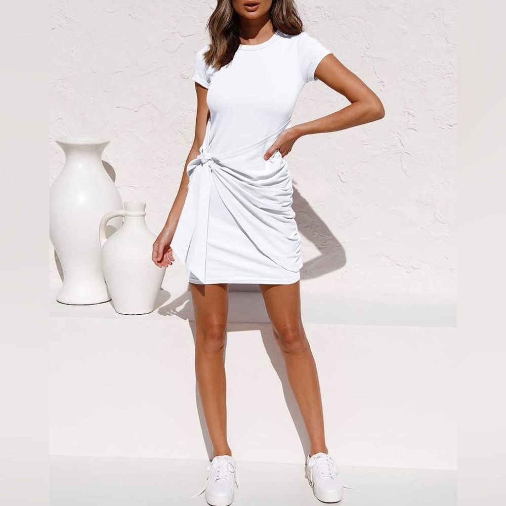 LILLUSORY Women's Short Sleeve Wrap Bodycon Ruched Tie Waist Summer Dress, White